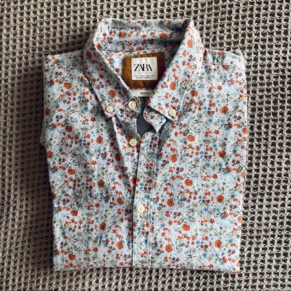 Zara Floral Casual Button Down Shirt - Blue and Orange